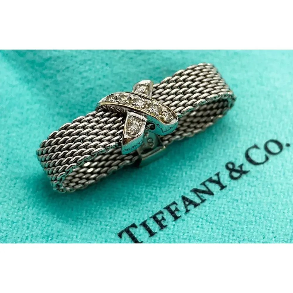 Tiffany & Co. 18K White Gold Somerset Mesh Diamond X Ring – Size 11.5